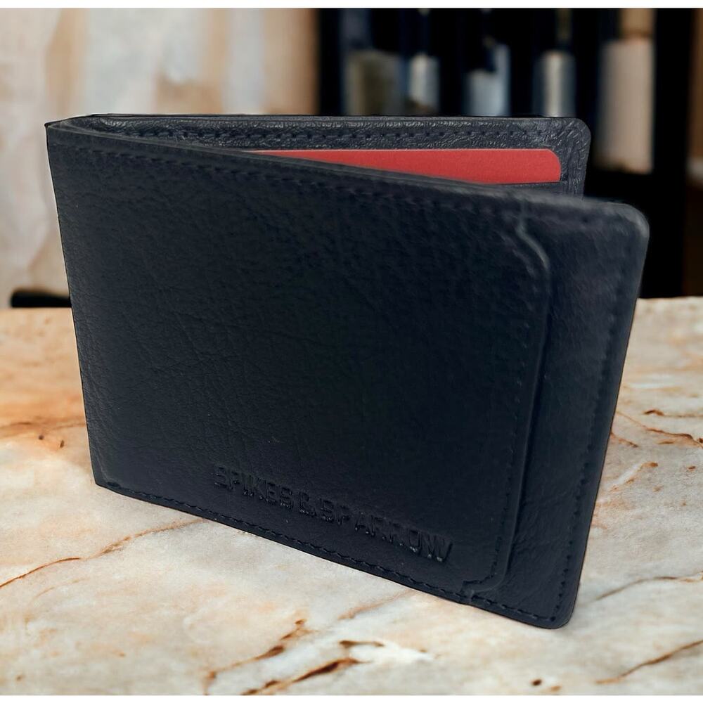 Spikes & Sparrow Mens Black Leather Classic Bifold Wallet Slim Cards ID Window